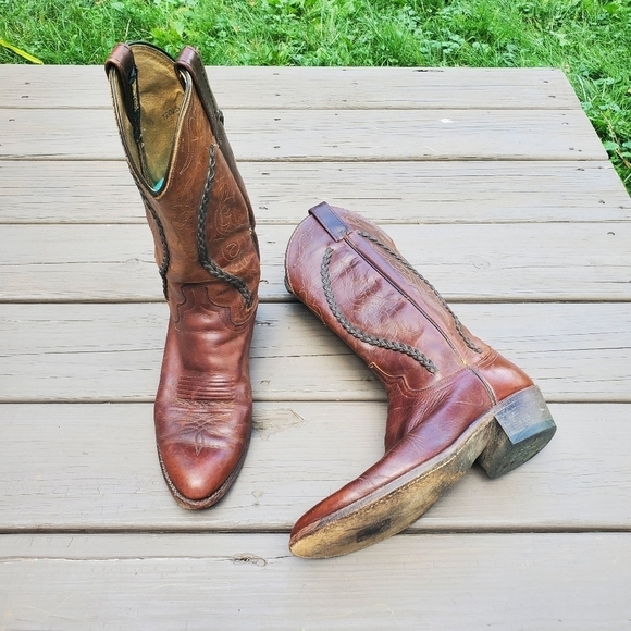 Vintage 70s Dan Post Brown Leather Braid Shaft Western Cowboy Motorcycle Boots 9 - Picture 1 of 9